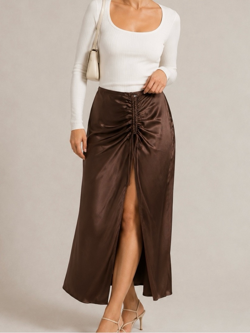 Zara Chocolate Brown Satin Ruched Maxi Skirt with Front Slit